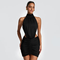 Bodycon Ruched Open-Back High-Neck Mini Dress