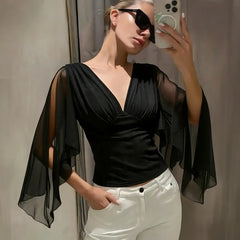 Deep V-Neck Mesh Split Flare Long Sleeve Top