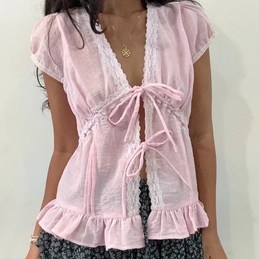 Ruffles Hem Short Sleeve Bow Tie Crop Top