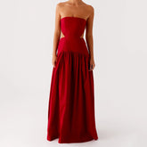 Red Waist Cutout Metal Buckle Tube Long Dress