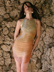 Tassel Bandage O-Neck Gradient Mini Dress