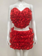 Red Floral Appliques Heart-Shaped Top And Mini Skirt Set