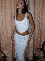 White Ribbed Rose Print Crop Corset And Midi Skirt Set