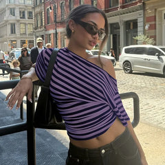 Diagonal Collar Striped T-shirt