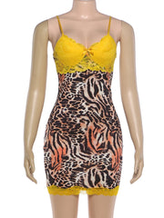 Yellow Lace Patchwork Tiger Pattern Mini Dress