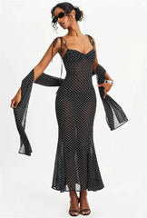 Black Polka Dot Sweetheart Neck Spaghetti Strap Scarf Maxi Dress