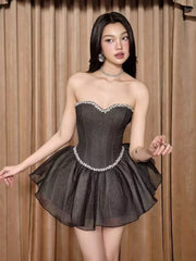 Grey Strapless Diamonds Beaded Mini Dress
