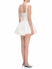 White Square Collar Sleeveless Bow Corset Puffy Short Dress