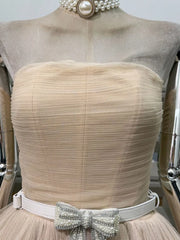 Beige Strapless Tulle Pom Pom Mini Dress