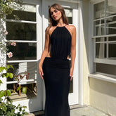 Open Back Ring Halter Neck Maxi Dress