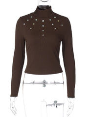 Ribbed High Collar Buttons Cropped Top