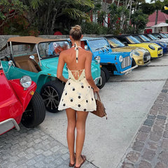 White Polka Dot Print Halter Neck Open Back Mini A-line Dress