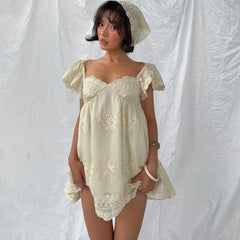Embroidered Lace Bubble Sleeves Mini Dress