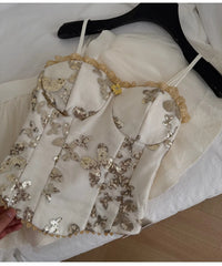 Spaghetti Strap Floral Embroidered Top and Mesh Skirt Set