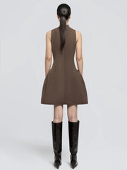 Metal Buckle High Neck Folds Mini Dress