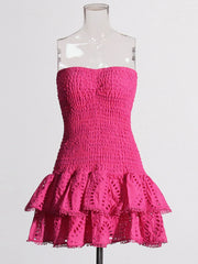 Ruched Strapless Embroidered Frill Mini Dress