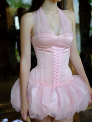 Halter Neck Mesh Patchwork Puff Mini Dress