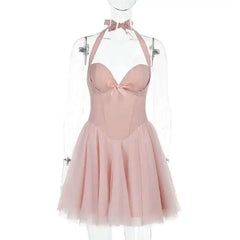 Pink Halter Tie Up Tulle Mini Dress