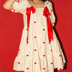 Heart Print Short Puff Sleeve Square Neck Bow Mini Dress