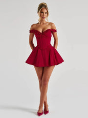 Red Off Sholder Ruffles Mini Dress