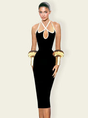 Black Halter Neck Cross-Strap Bandage Midi Dress