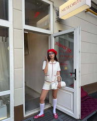 White Knitted Short Sleeve Top And Shorts Set