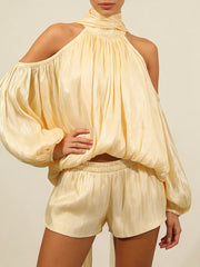 Stand Collar Off The Shoulder Cut Ribion Blouse