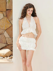 Halter Ruched Tie Up Crop Top And Mini Skirt Set