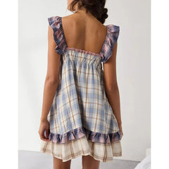 Plaid/Floral Print Sleeveless Lace Ruffle Babydoll Mini Dress