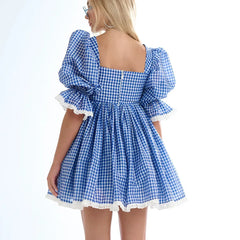 Blue and white checkered dress with puffed sleeves