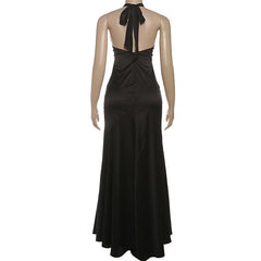 Black Satin Cut Out Halter Neck Maxi Dress