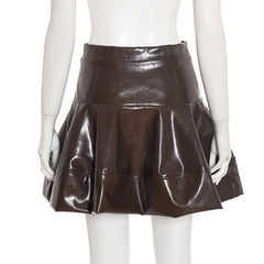 Brown PU Leather Ruffle High Waist A-line Skirt