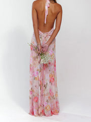 Halter Tie Up Floral Print Maxi Dress