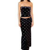 Black Polka Dot Print Strapless Crop Tube Top and Long Skirt Set