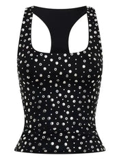 Black Rhinestone Embellished Tank Top And Low Waist Shorts Two Piece Set