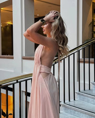 Pink Deep V-neck Backless Halter Maxi Dress