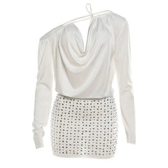 White Off-Shoulder Long Sleeve Studded Mini Dress