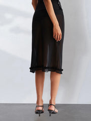 Sheer Low Rise Ruffled Hem Midi Skirt