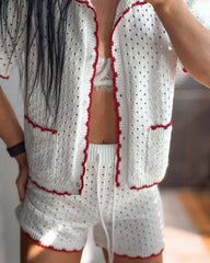 White Knitted Short Sleeve Top And Shorts Set