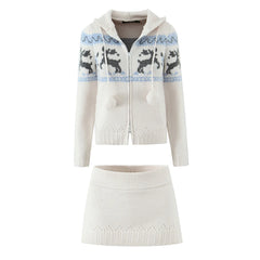 Double Zipper Hooded Knitted Cardigan And Mini Skirt
