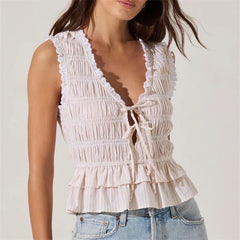 Sleeveless V-Neck Bow Smocked Crop Top
