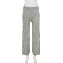 Grey Knitted Zipper Hooded Jacket And Wide Leg Pants Set