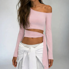 Long Sleeve Off-Shoulder Bandage Crop Top