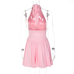 High Neck Tie Up Pleated Hem Mini Dress