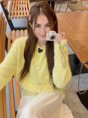 Heart Shaped Button Fuzzy Knit Cardigan