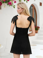 Tie Up Embroidery Black Mini Dress