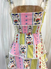 Floral Patchwork Pom Pom Trim Tiered Maxi Dress