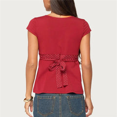 Polka Dot Waist Band V-Neck Cap Sleeve T-Shirt