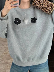 Flower Print Plaid O Neck Sweatshirt
