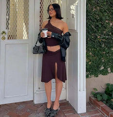 Lace Off-Shoulder Top And High Slit Midi Skirt Set